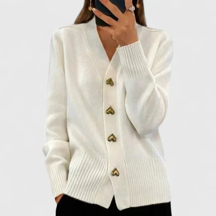 Weißer Strickcardigan mit V-Ausschnitt, Knopfleiste und gerippten Bündchen