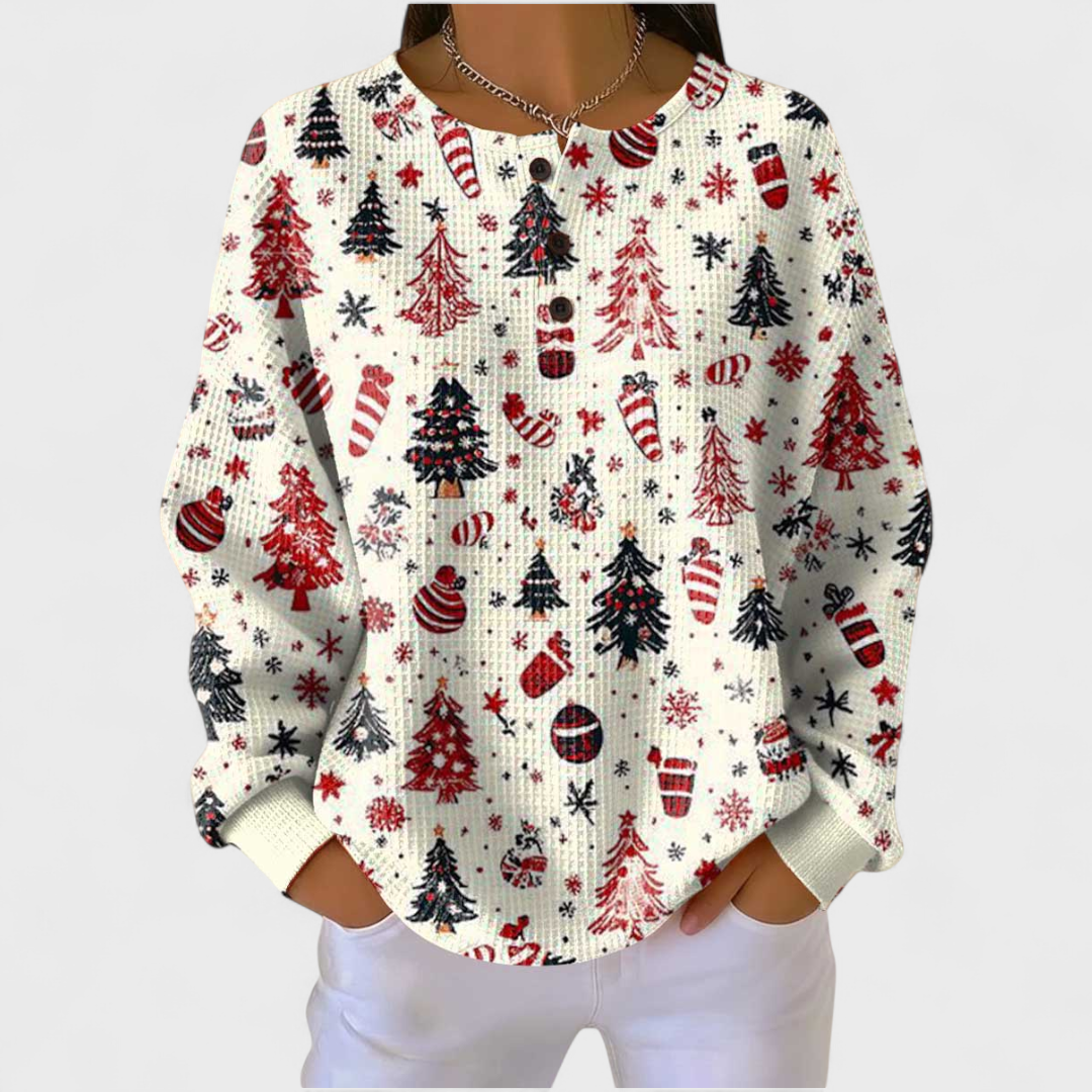 Weißer Pullover mit rotem Weihnachtsmuster und langen Ärmeln
