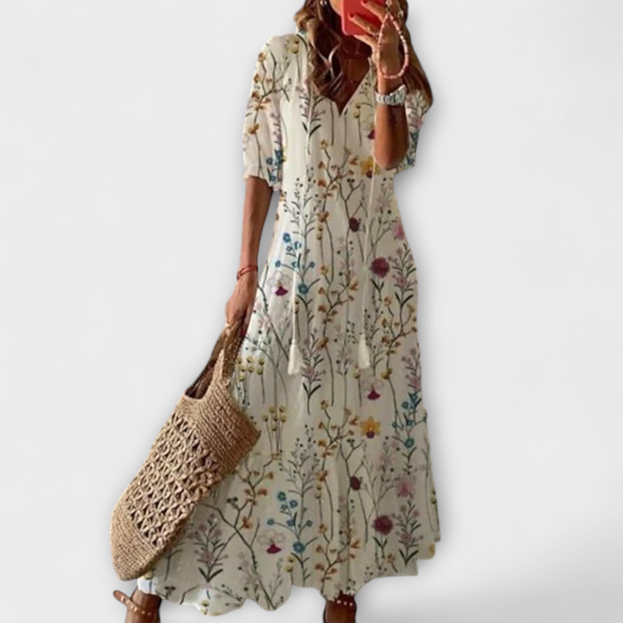 Damen-Sommerkleid mit cremefarbenem Blumenmuster, fließende Silhouette, kurze Ärmel