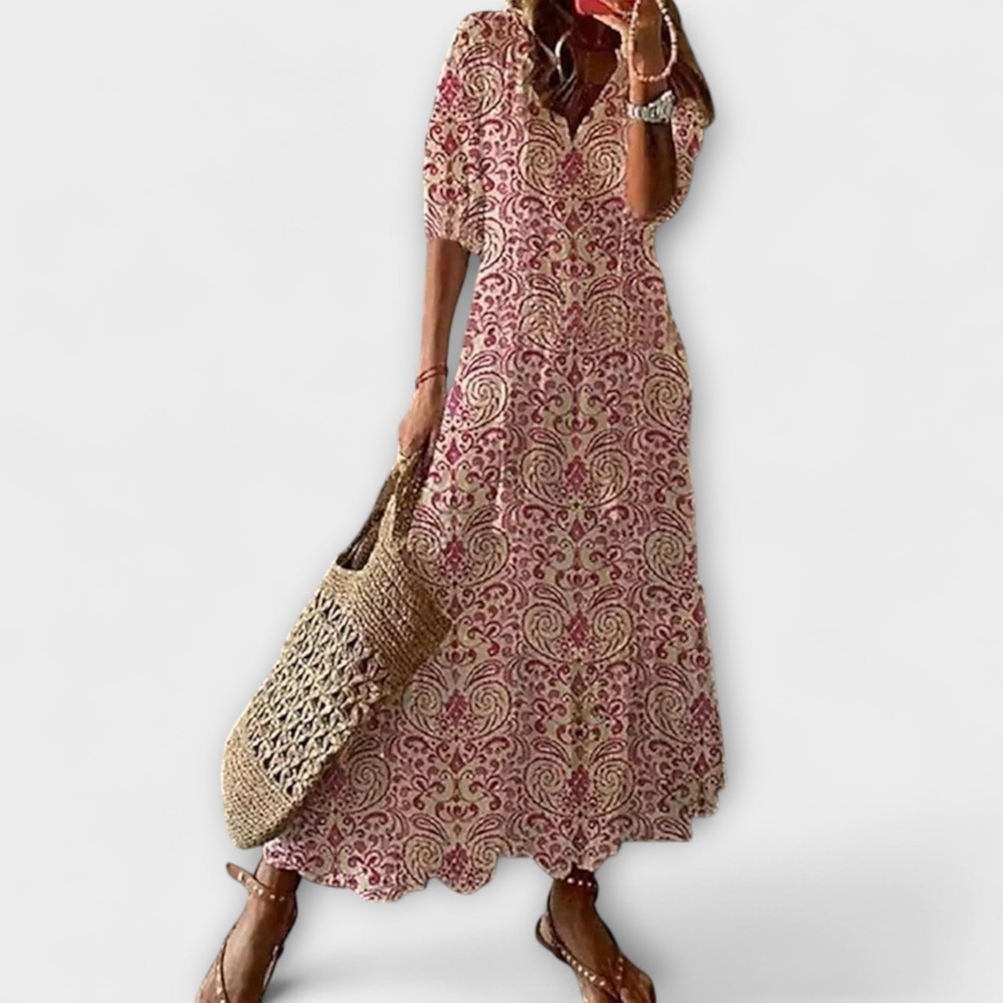 Damen-Sommerkleid mit bordeauxfarbenem Ornamentmuster, fließende Silhouette, kurze Ärmel