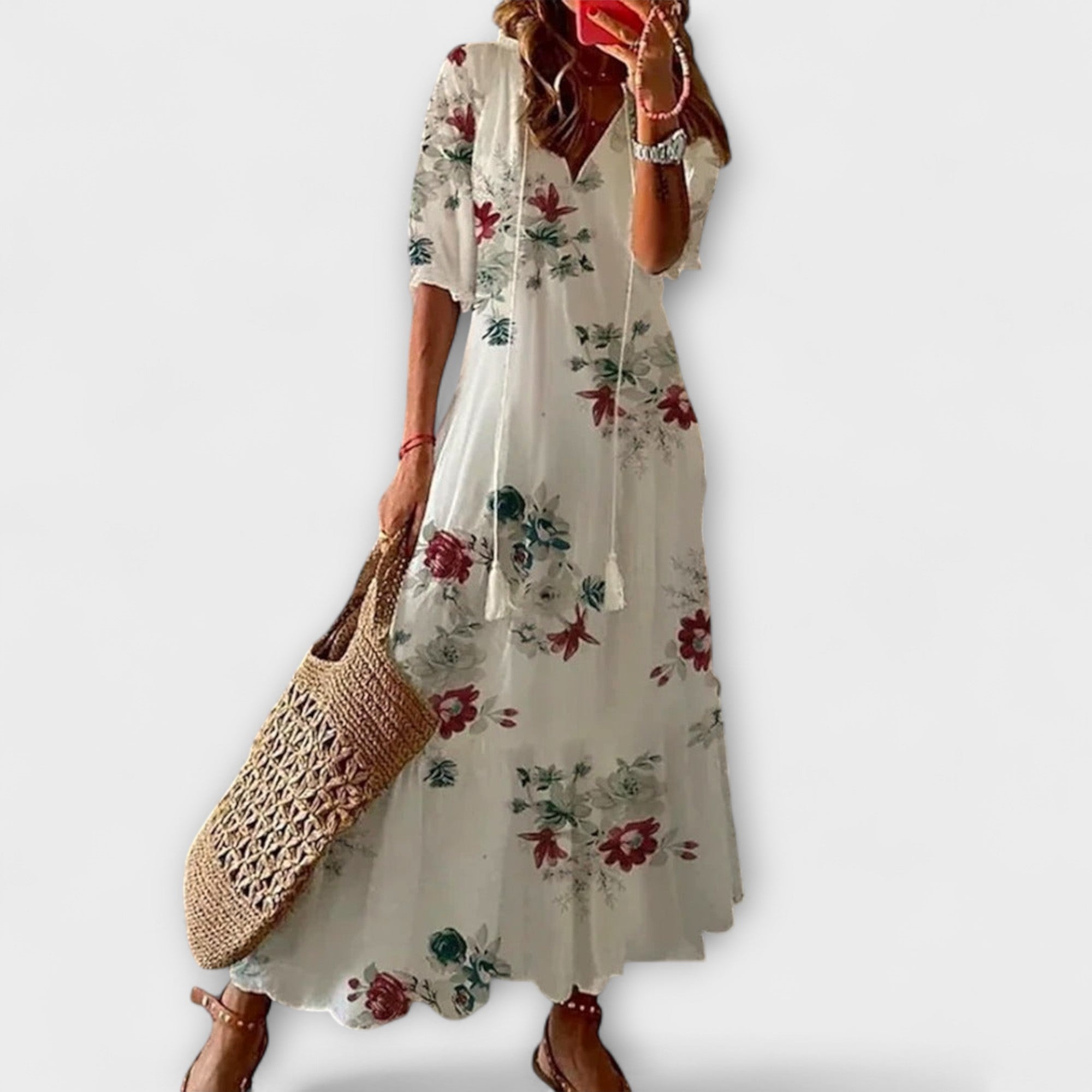 Damen-Sommerkleid mit weißem Blumenmuster, fließende Silhouette, kurze Ärmel