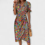 Sommerkleid mit V-Ausschnitt, kurzen Puffärmeln mit Rüsche, Kreis-Mehrfarbprint