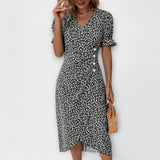 Sommerkleid mit V-Ausschnitt, kurzem Ärmel mit Rüsche, kleines weißes Blümchenmuster