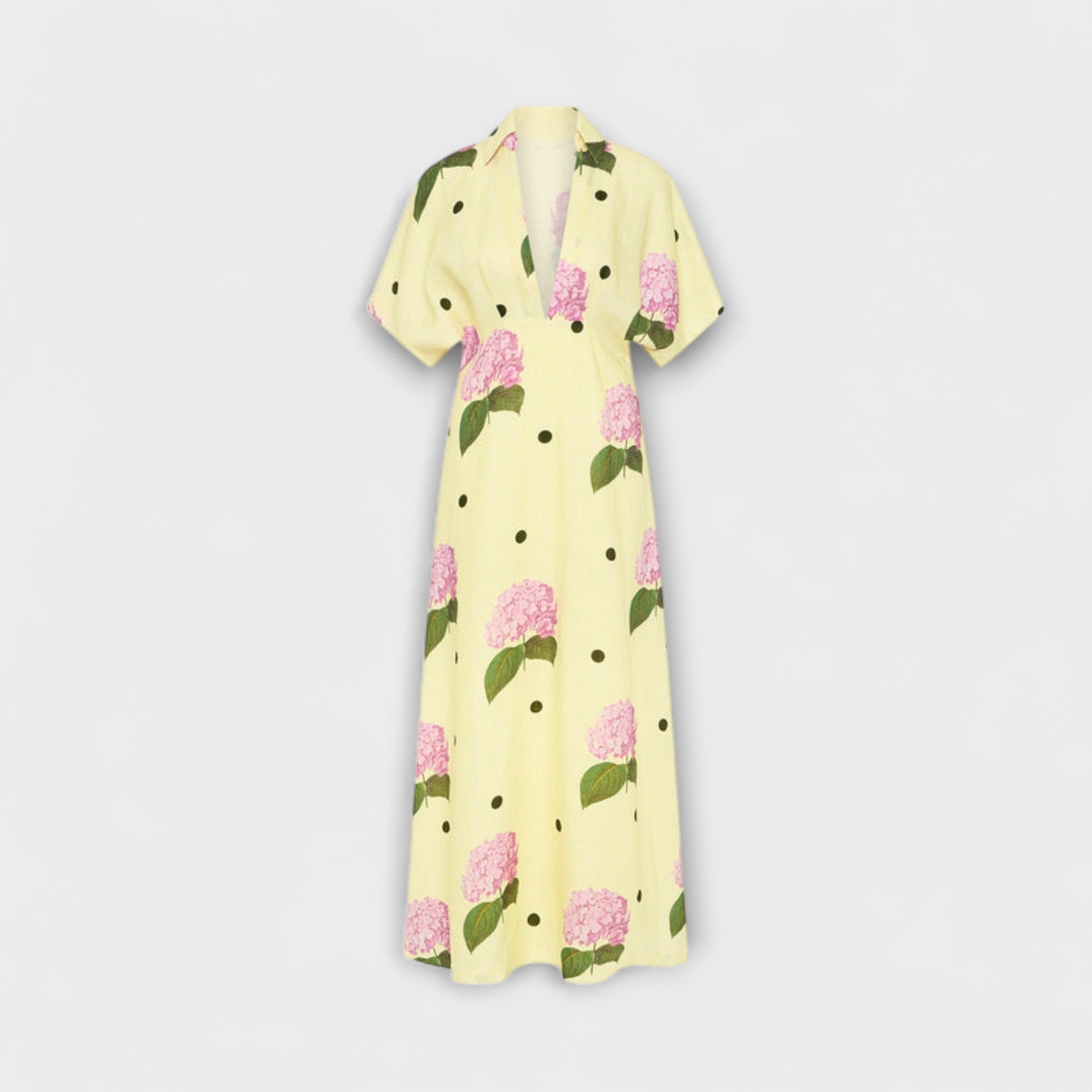 Langes Kleid, gelb mit rosa Blumen, grünen Blättern und schwarzen Punkten, Rückansicht