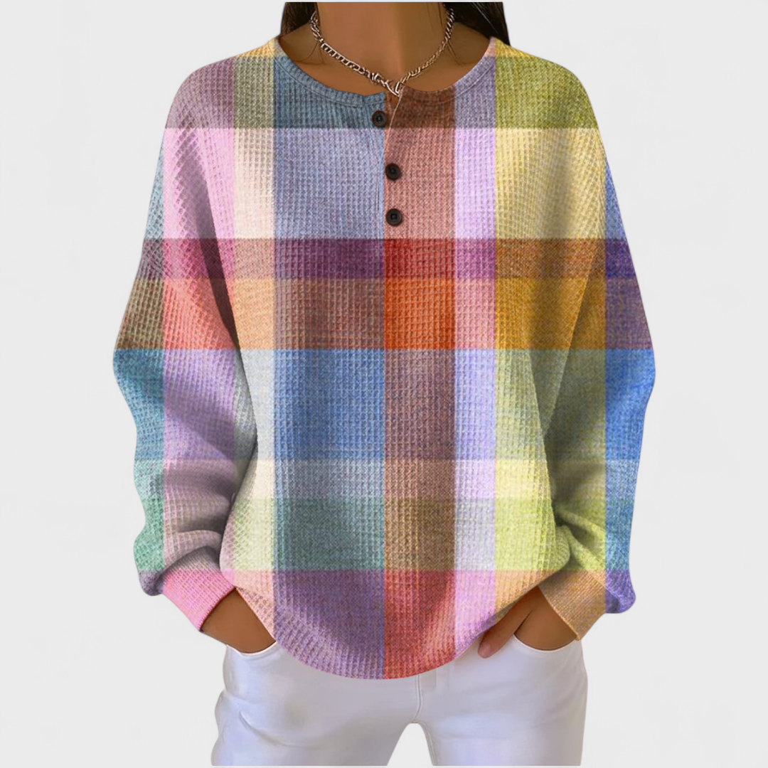 Mehrfarbig kariertes Henley-Strickoberteil mit Knopfleiste und langen Ärmeln