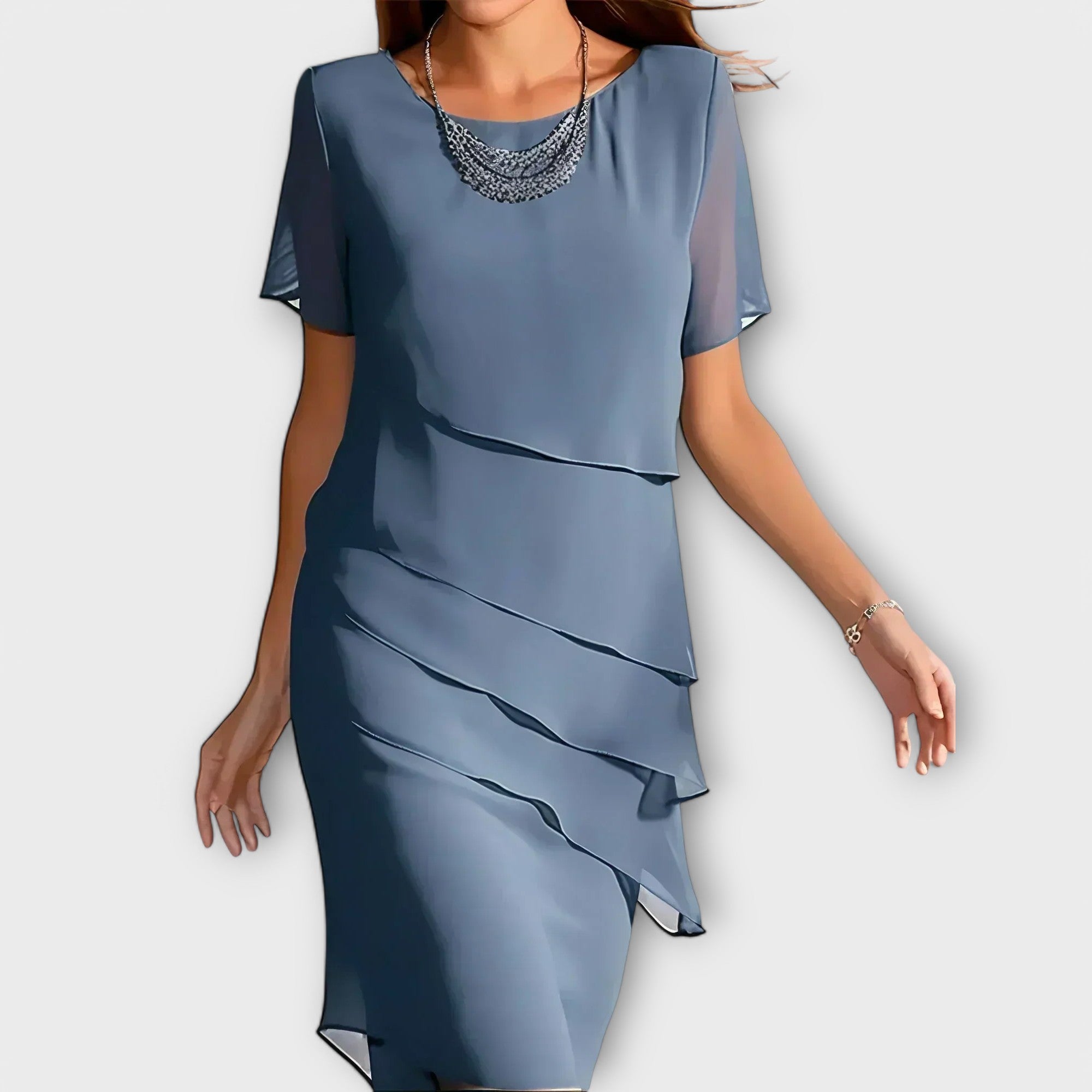 Figurbetontes Kleid in Blau mit Rundhalsausschnitt, kurzen Ärmeln und Volants