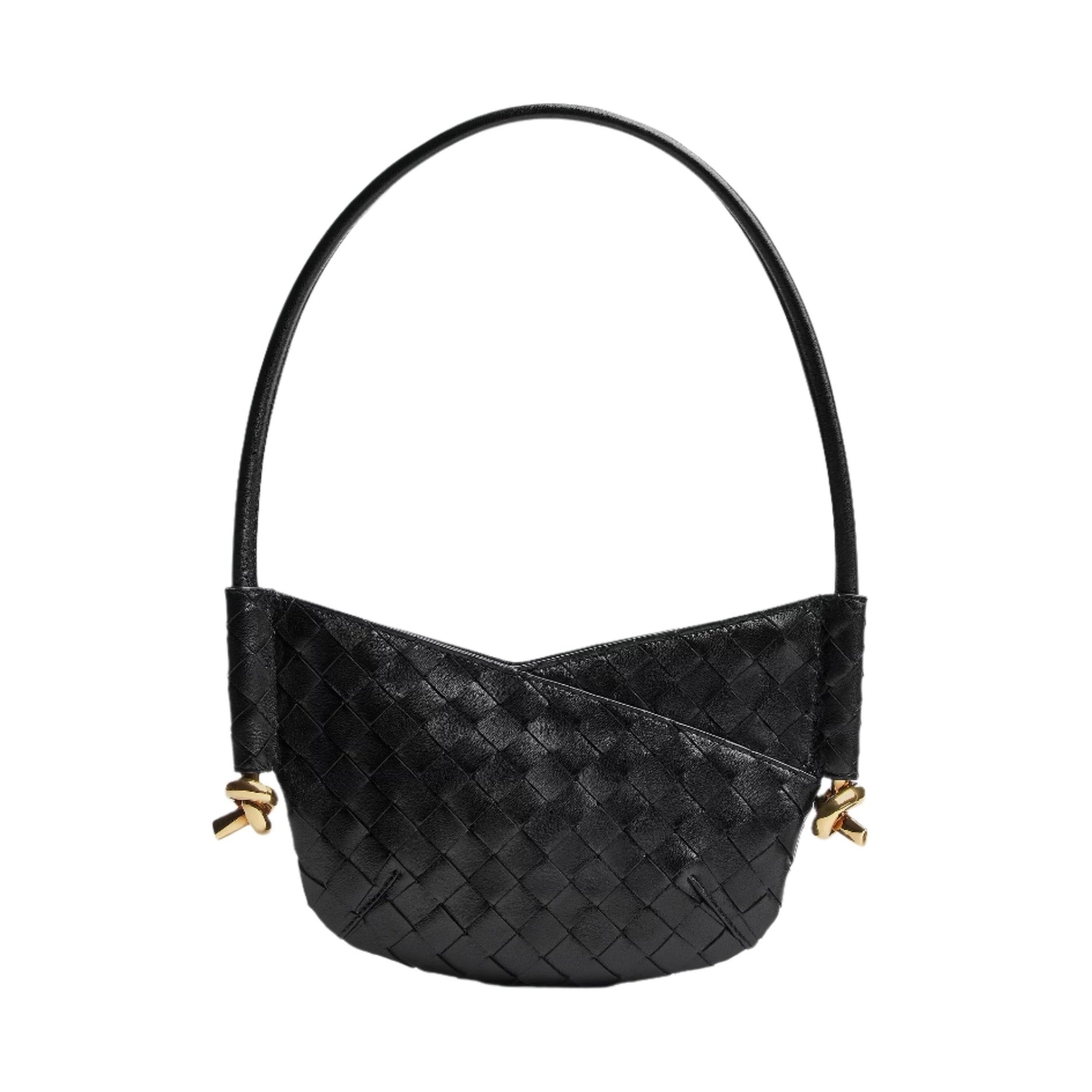 Henkeltasche mit Geflechtmuster, schwarz, breite Bogenhenkel und goldfarbene Verschlüsse