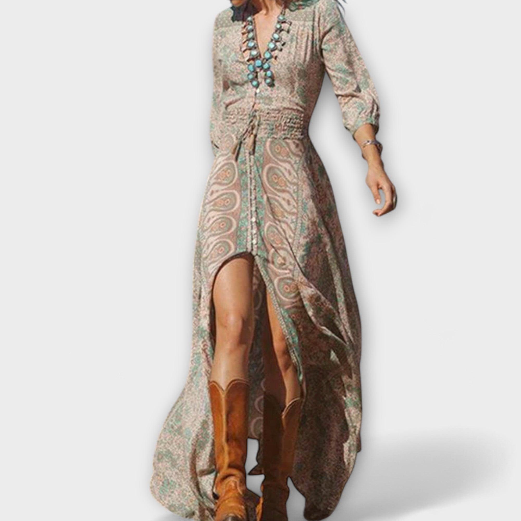 Maxikleid mit V-Ausschnitt, langen Ärmeln, Paisley-Muster und seitlichem Schlitz