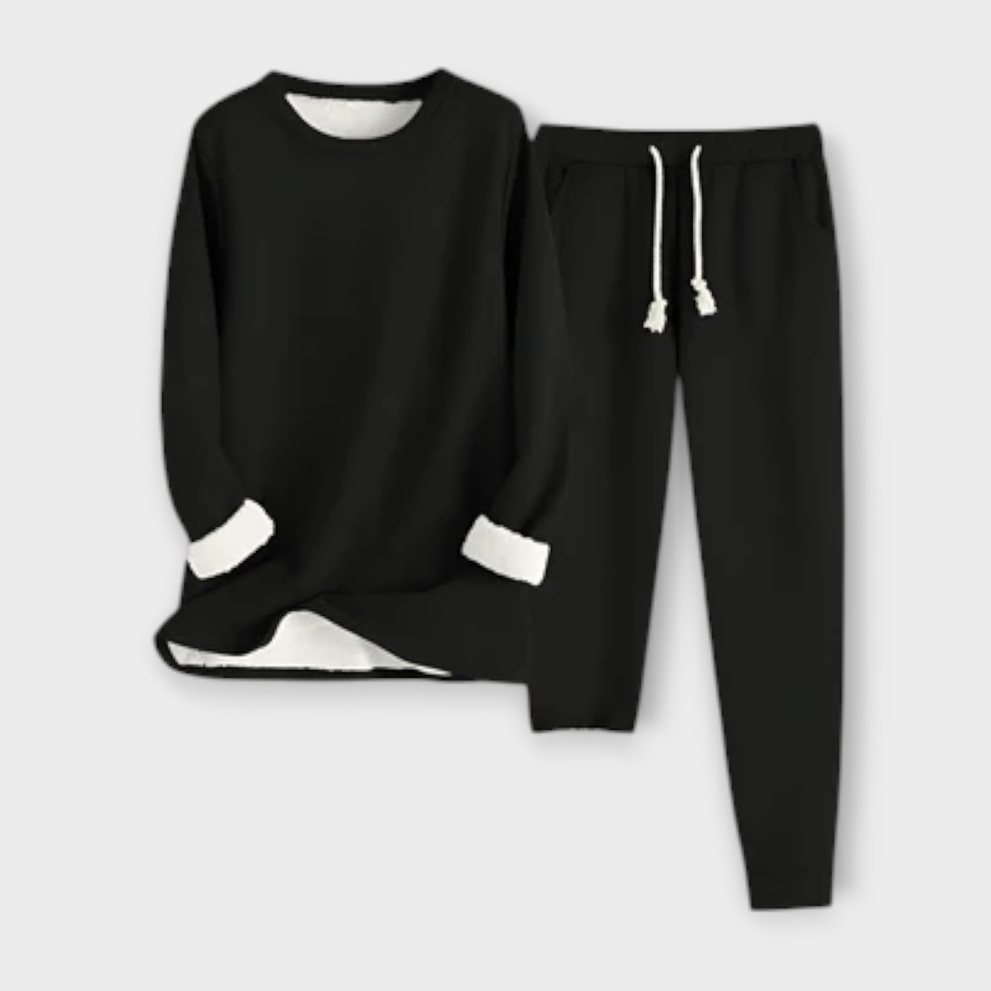 Schwarzes Thermo-Fleece-Set: Langarmshirt und Jogginghose mit Kordel