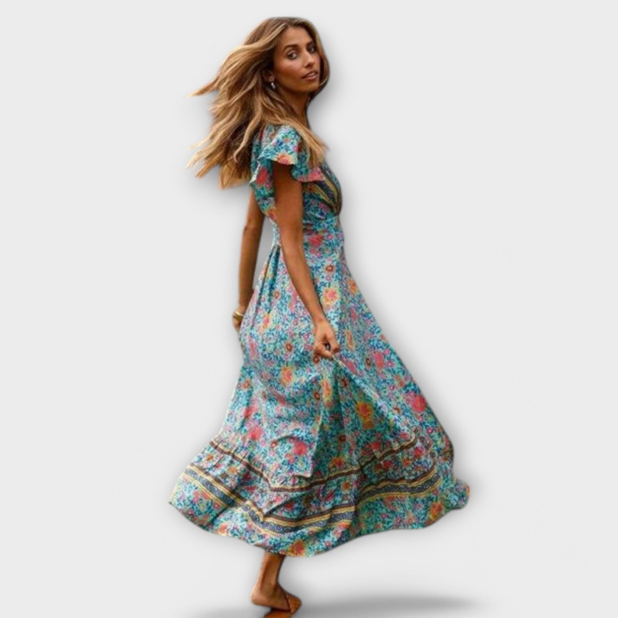 Shylin Boho-Maxikleid mit Blumenprint, V-Ausschnitt, kurzen Ärmeln, Volants und Beinschlitz.