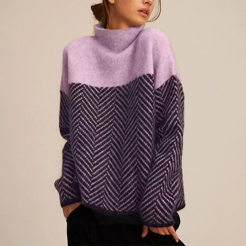 SERENA I-Pullover mit Rollkragen: lila Oberteil, Zickzackmuster-Einsatz in Dunkelblau/Beige