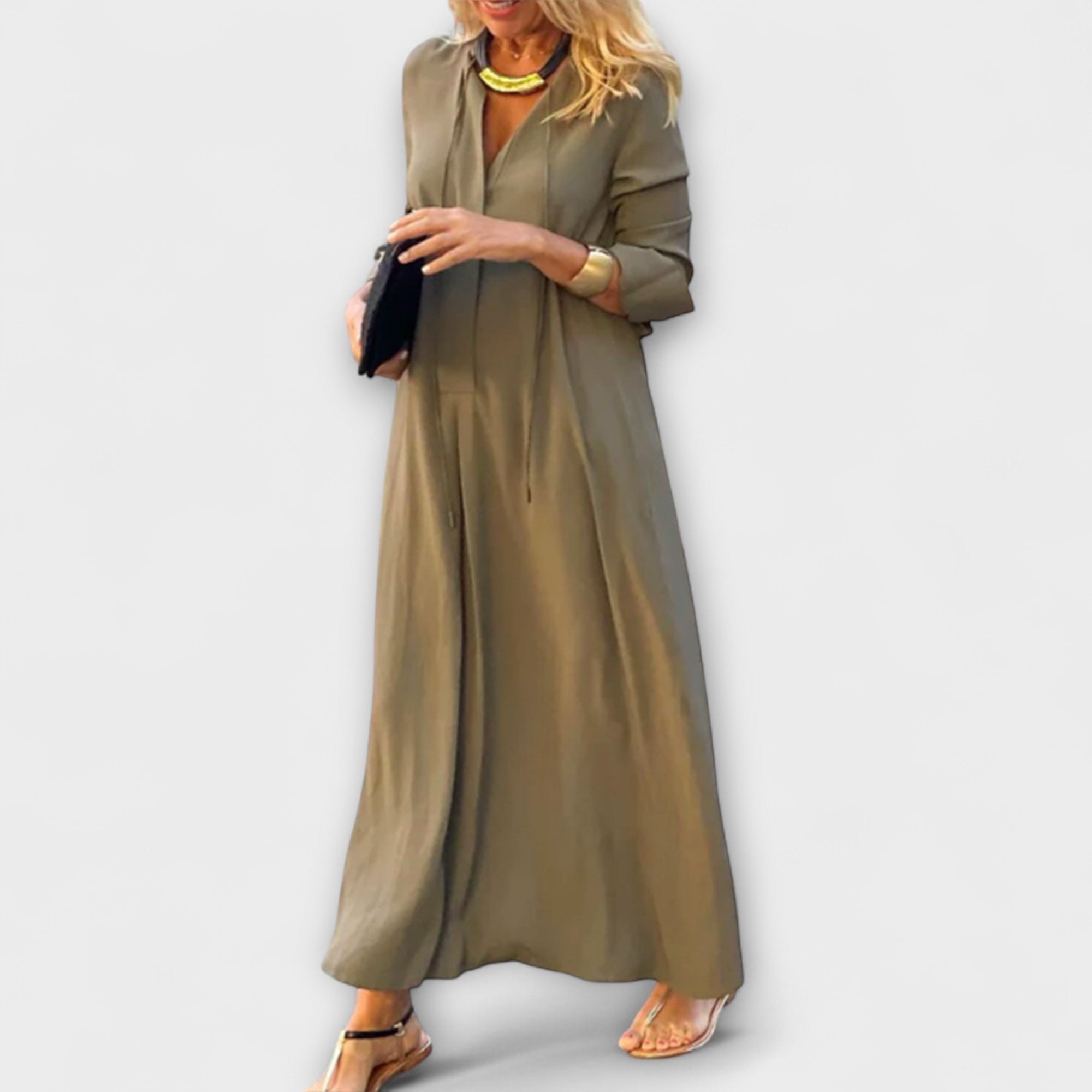 Bequemes Maxikleid mit V-Ausschnitt, langärmlig, locker fallend, braun