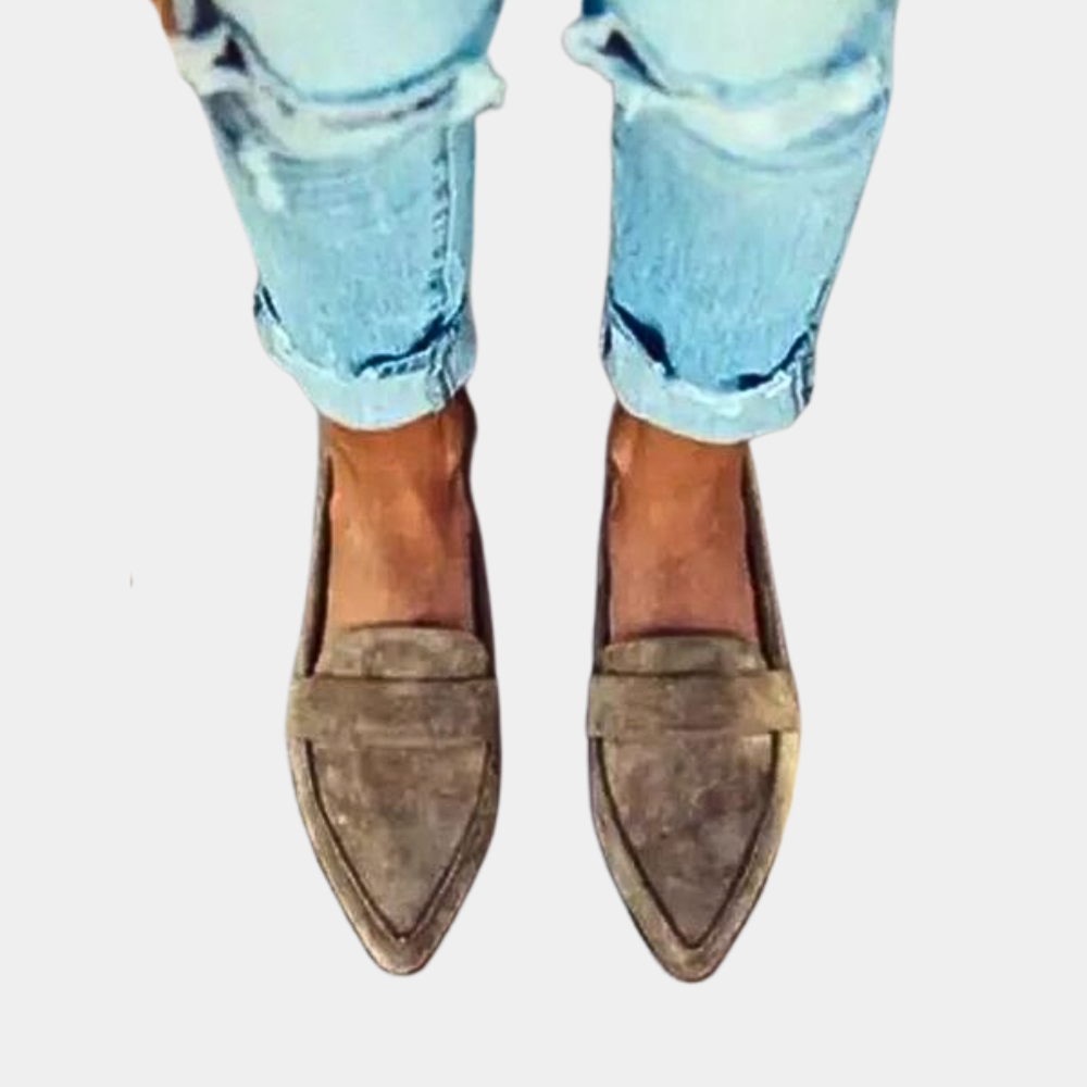Elegante Damen-Loafer in Khaki mit spitzer Vorderkappe und Riemen-Details