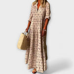 Beiges Maxikleid mit V-Ausschnitt, Knopfleiste und Allover-Muster, locker fallend