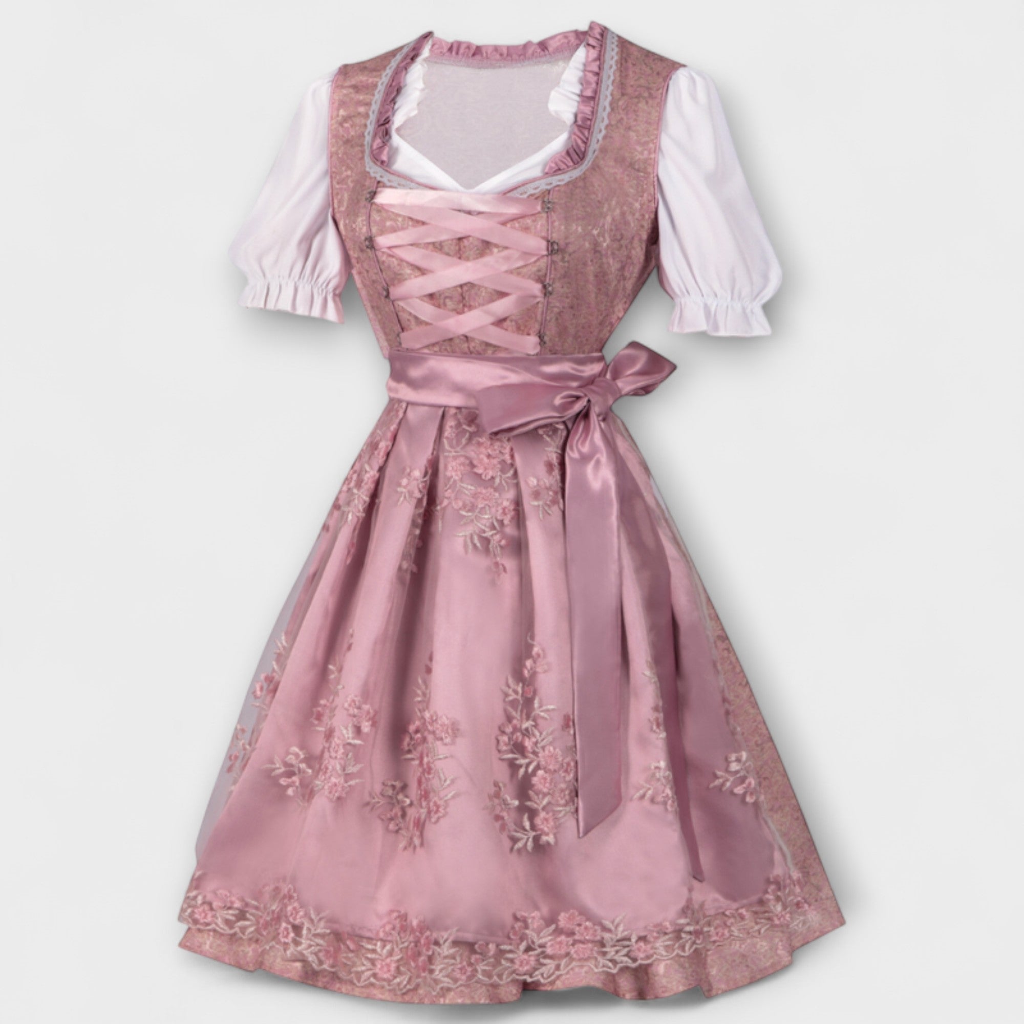 Rosa Festkleid mit Blumenstickerei, Spitze am Mieder und Schnürung, kurze Ballonärmel
