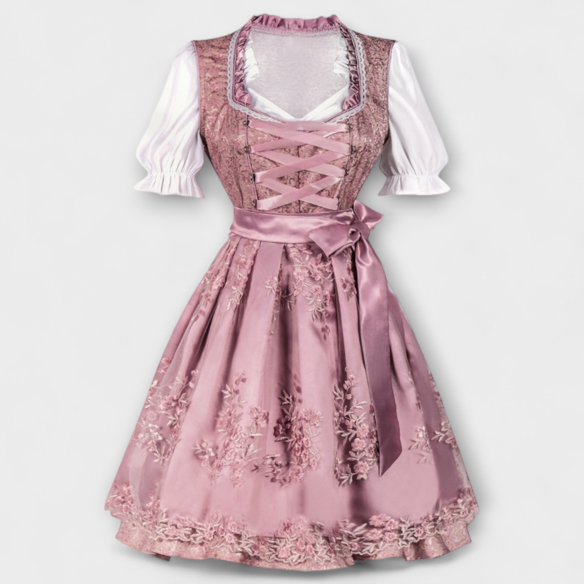 Rosa Festkleid mit Blumenstickerei, Schnürung im Mieder und gerafftem Rock, Ballonärmel