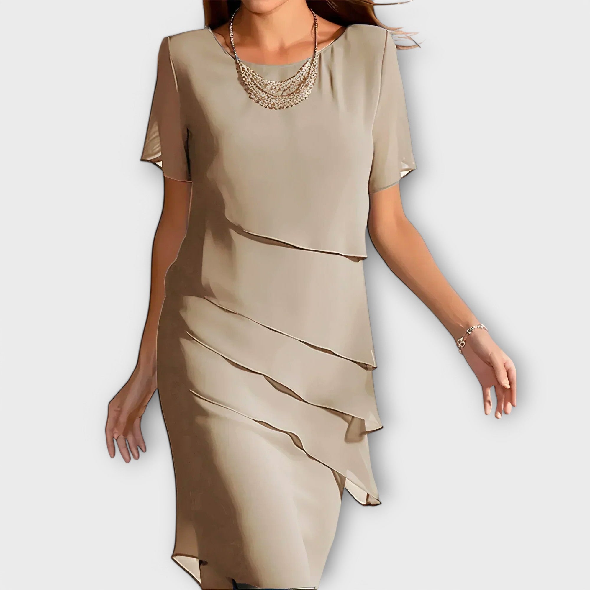Figurbetontes Kleid in Khaki mit Rundhalsausschnitt, kurzen Ärmeln und Volantlagen