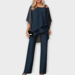 Dunkelblaues Chiffon-Abend-Set mit Überwurf-Top und weitem Hosenbein