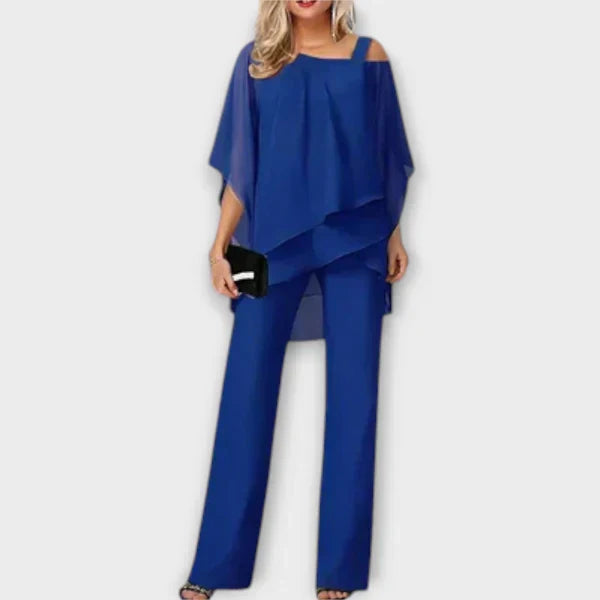 Blaues Chiffon-Abend-Set mit Überwurf-Top und weitem Hosenbein