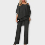 Schwarzes Chiffon-Abend-Set mit Überwurf-Top und weitem Hosenbein