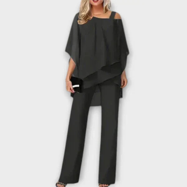 Schwarzes Chiffon-Abend-Set mit Überwurf-Top und weitem Hosenbein