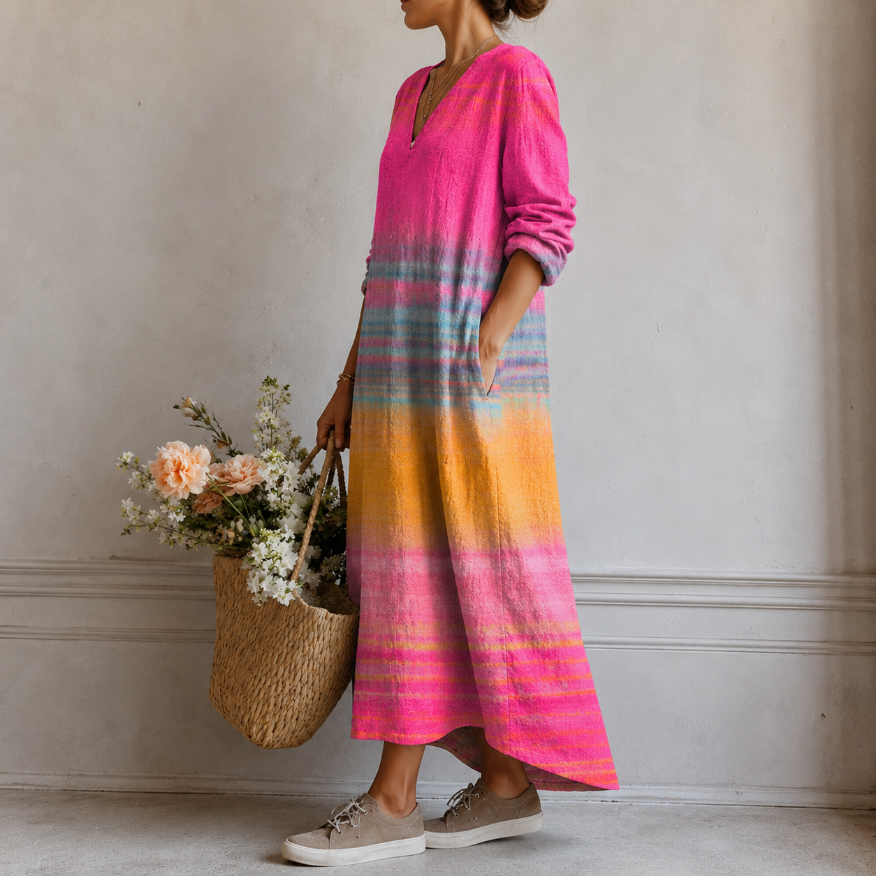 Langes Kleid mit Farbverlaufstreifen, pinkes Oberteil, weiter Schnitt, 3/4-Ärmel