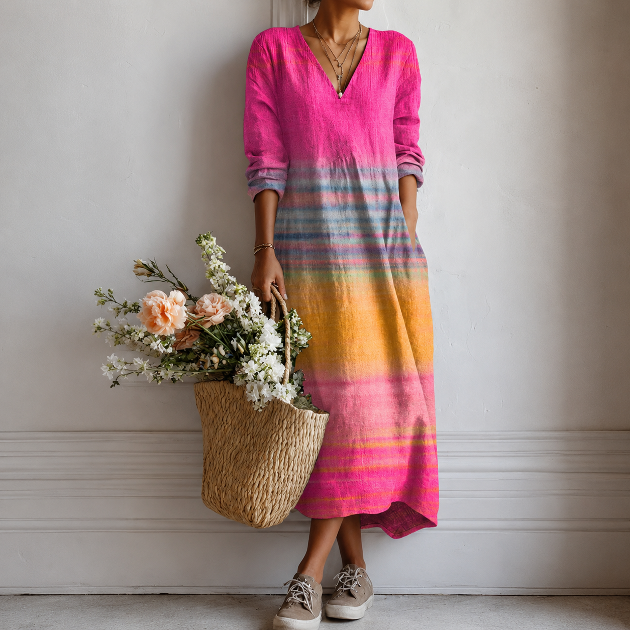Langes Kleid mit V-Ausschnitt und Farbverlauf in Pink, Blau und Orange, 3/4-Ärmel