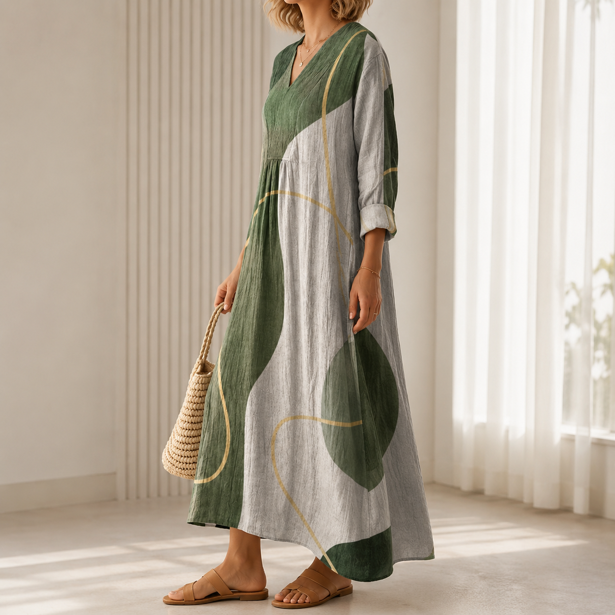 Langes Kleid mit abstrakten Kurvenformen, V-Ausschnitt, 3/4-Ärmel, grün-grau