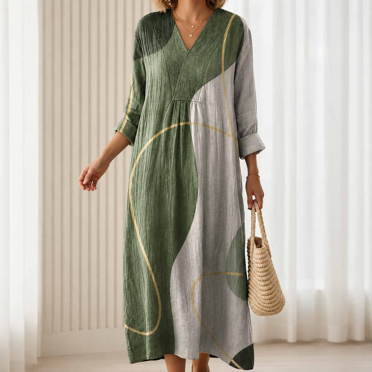 Langes Kleid mit abstraktem Kurvenmuster, V-Ausschnitt, 3/4-Ärmel, grün-grau