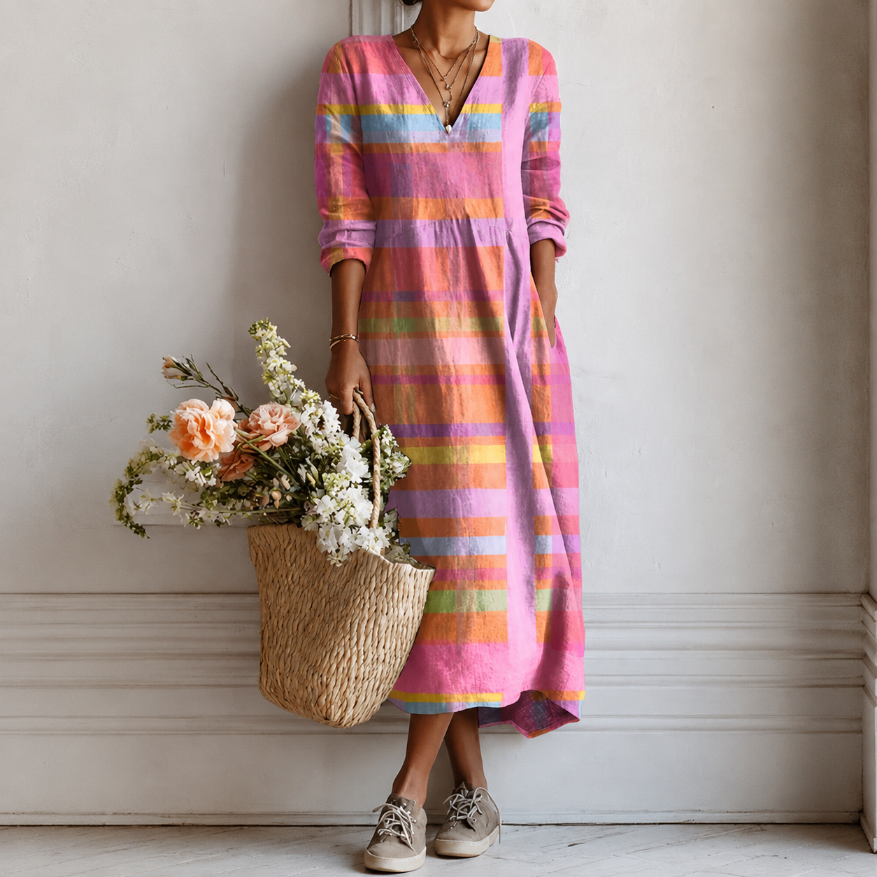 Midi-Kleid mit Pastell-Streifen, V-Ausschnitt, lange Ärmel, geraffte Taille