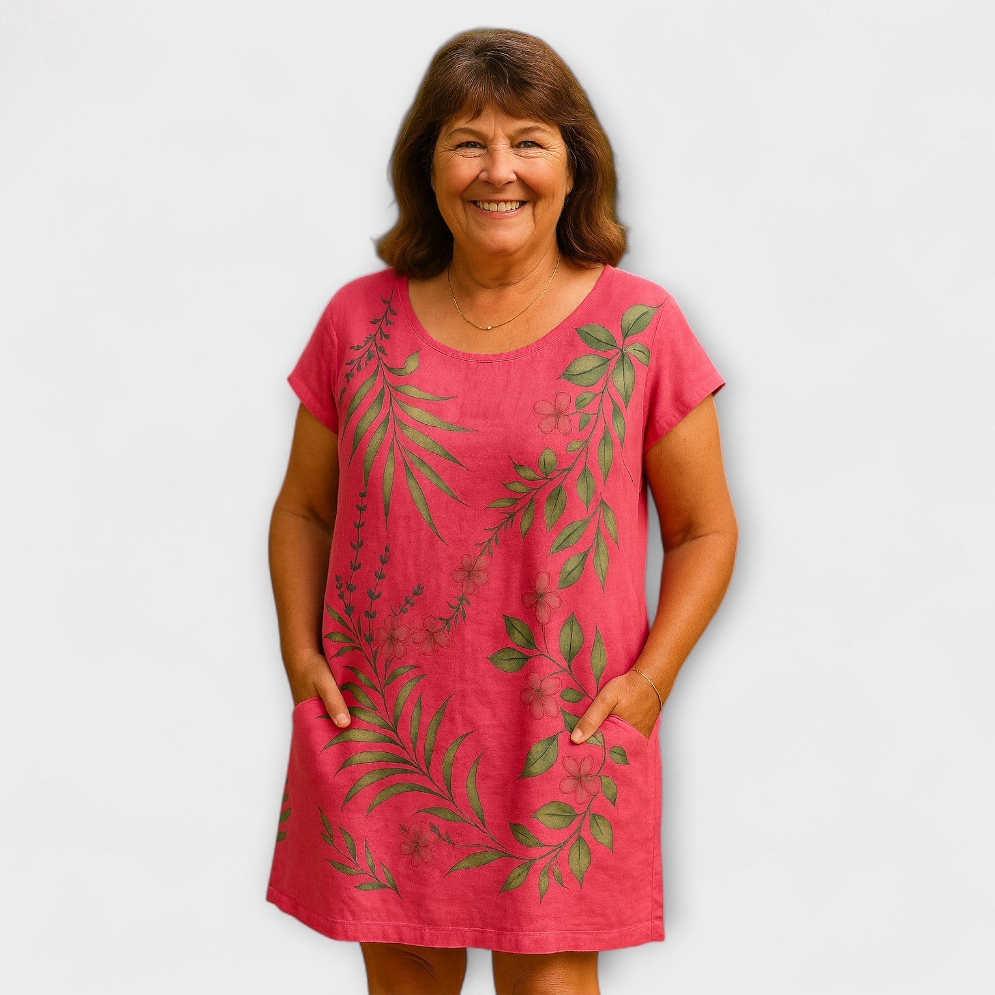 Willow Breeze-Kleid pink mit großen grünen Blättern und Blütenmotiven, kurze Ärmel