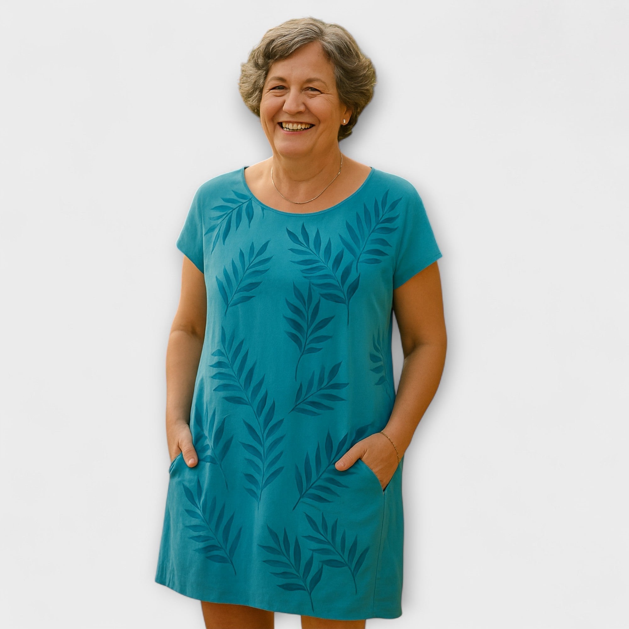 Kleid mit kurzem Arm und Rundhalsausschnitt, locker, Blattmuster in Blau-Türkis