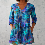 Lange Leinenbluse mit V-Ausschnitt, 3/4-Ärmeln und buntem Mandala-Blumen-Print