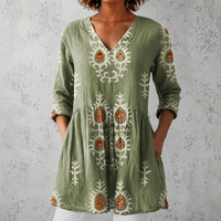 Élise | Lange Leinenbluse mit bohemian floralem Blockdruck