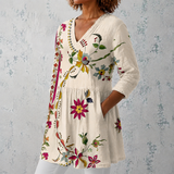 Lange Leinenbluse in Beige mit V-Ausschnitt und großem Blumenmotiv, 3/4-Ärmel