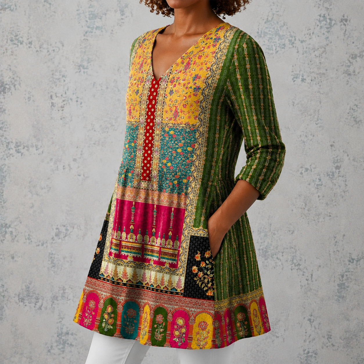 Lange Leinenbluse mit V-Ausschnitt, Patchwork-Front und Streifenärmeln, bunt