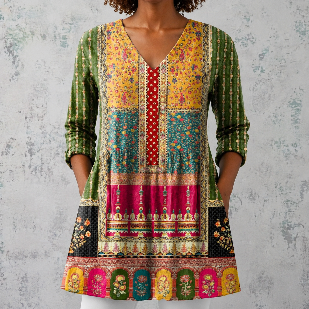 Lange Leinenbluse mit V-Ausschnitt, Patchwork-Boho-Muster und 3/4-Ärmeln, bunt