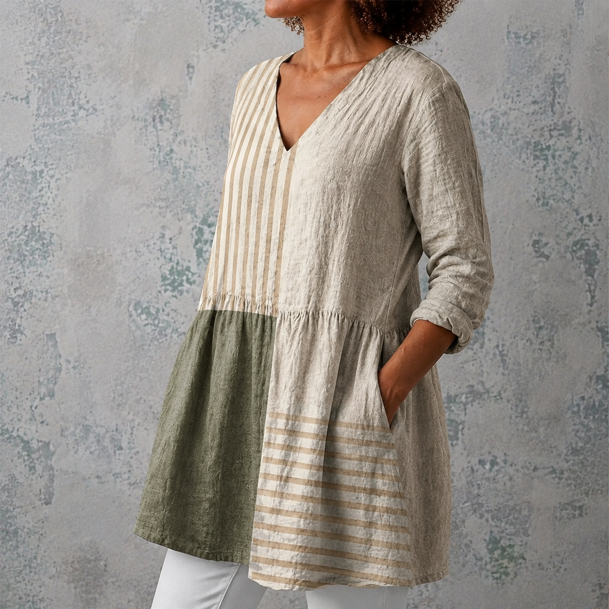 Lange Leinenbluse mit V-Ausschnitt und Patchwork: Streifen in Natur und Grün, 3/4-Ärmel