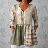 Camille™ | Lange Bluse aus Leinen mit Patchwork aus Streifen und einfarbigen Blöcken