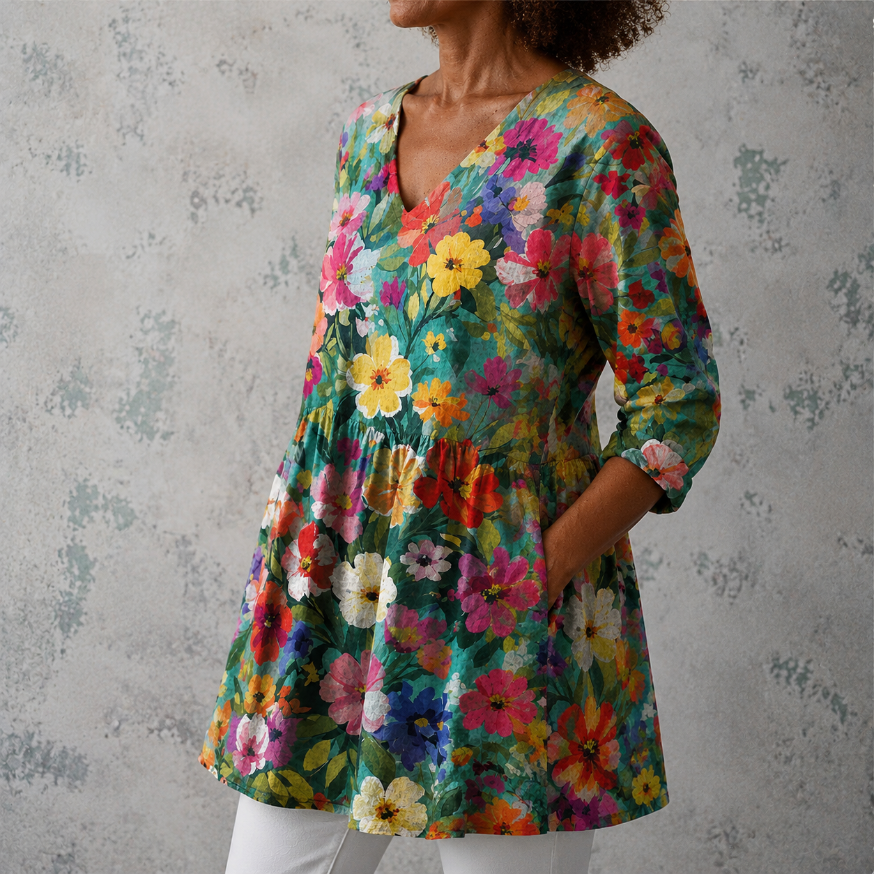 Lange Leinenbluse mit 3/4-Ärmeln und buntem Blumenmuster, geraffte Taille