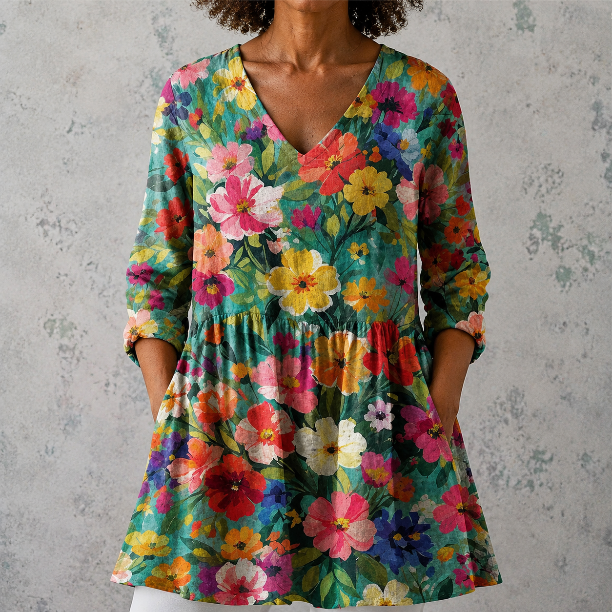 Lange Leinenbluse mit V-Ausschnitt und buntem Blumenmuster, geraffter Glockensaum