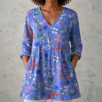 Aline | Lange Leinenbluse mit Blumenwiesen- und Schmetterlingsdruck