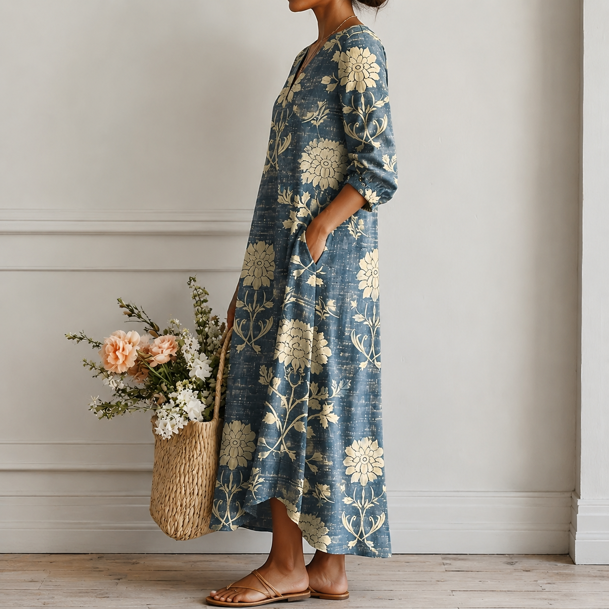 Blaues Midikleid mit Blumen-Print, seitlicher Schnitt, fließender Fall und 3/4 Ärmel