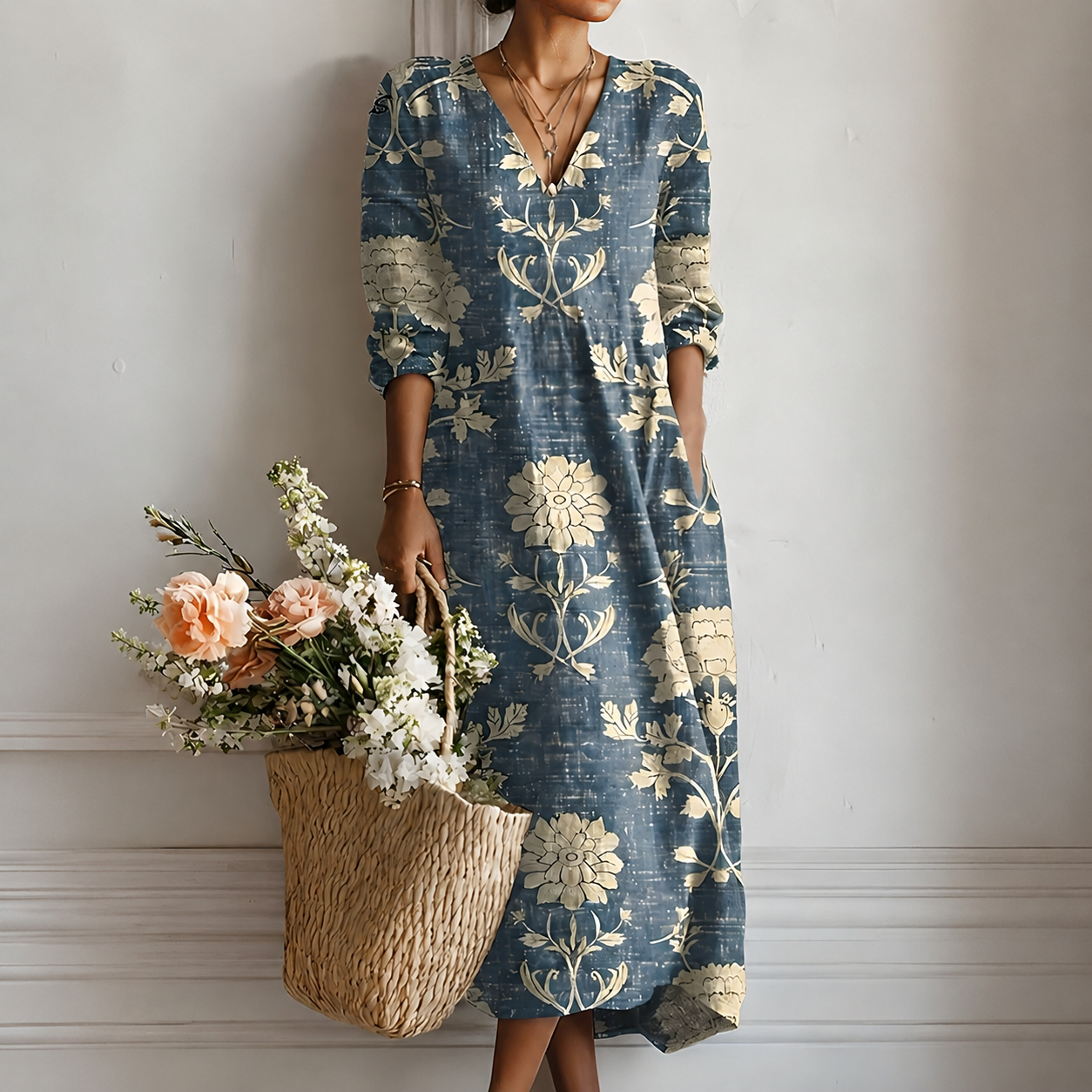 Blaues Midikleid mit botanischem Blumen-Print, V-Ausschnitt und langen Puffärmeln