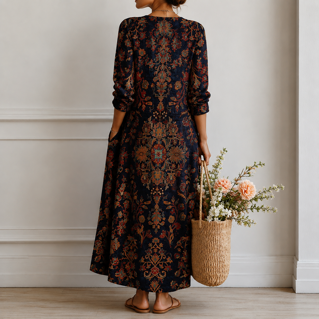 Knöchellanges Maxikleid mit buntem Orient-Blumenmuster, Rückansicht mit langen Ärmeln