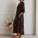 Knöchellanges Maxikleid mit buntem Orient-Blumenmuster, lockerer Schnitt und lange Ärmel