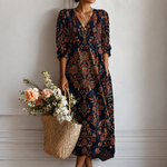 Maxikleid mit buntem Orient-Blumenmuster, V-Ausschnitt und langen Ärmeln mit Bund