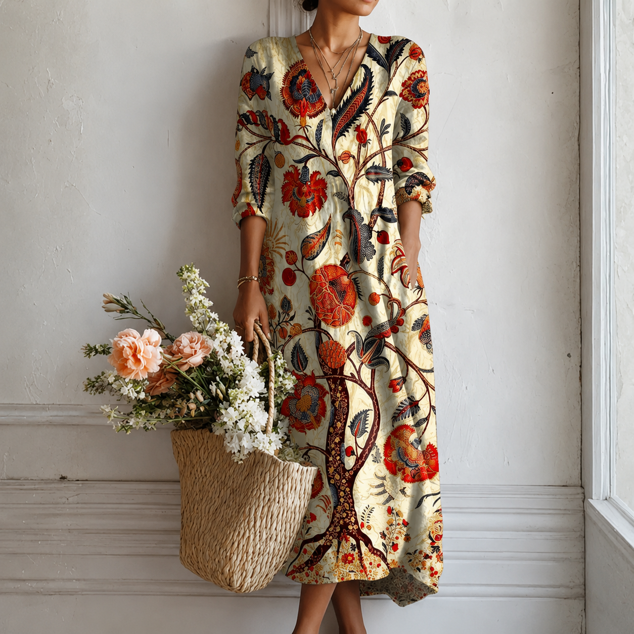 Maxikleid mit buntem Blumen- und Rankenmuster, V-Ausschnitt, 3/4-Ärmel