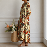 Maxikleid mit buntem Blumen- und Rankenmuster, locker fallender Schnitt, 3/4-Ärmel