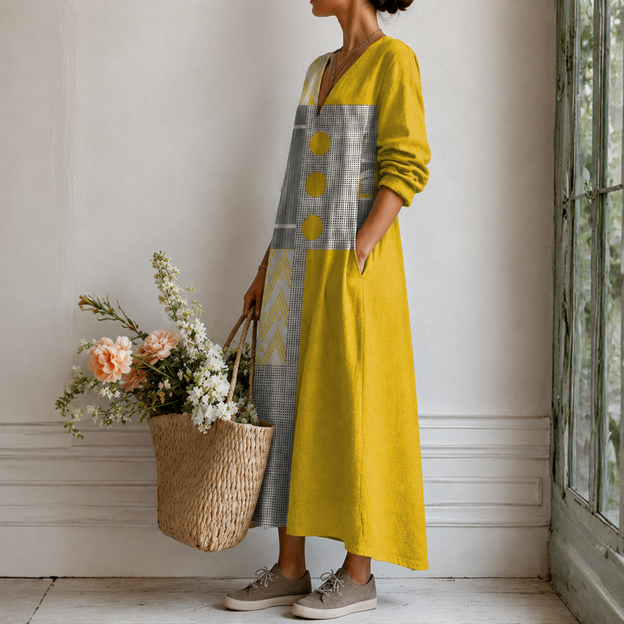 Maxikleid im Patchwork-Look, gelb mit langem Ärmel, seitliches Patchworkpaneel